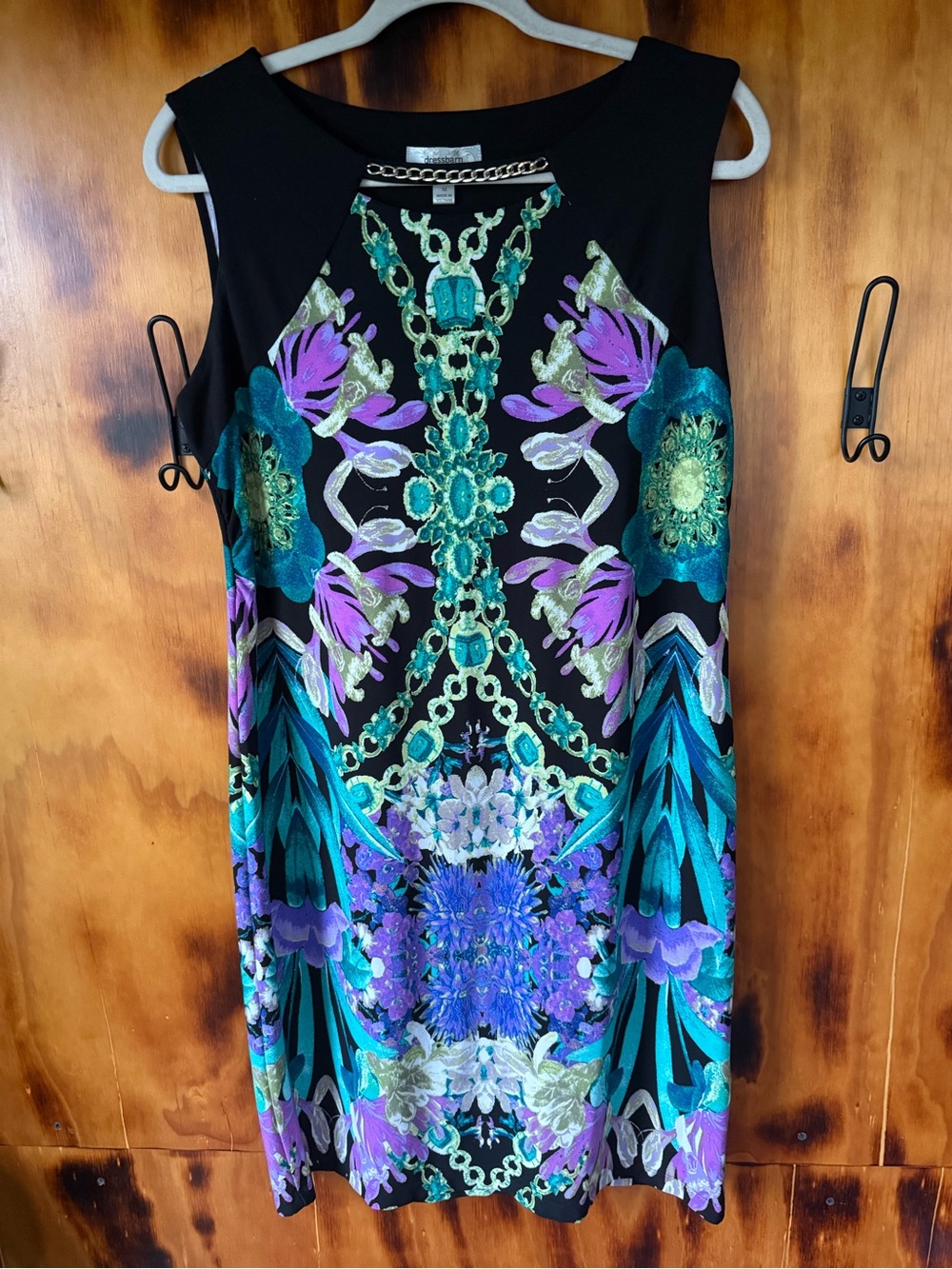 Sleeveless Black Floral-Print Shift Dress by Unknown Brand - Teal & Purple